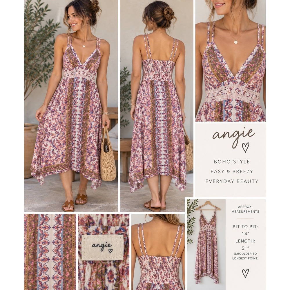 Angie Boho Paisley Midi Dress Pink Sleeveless Small